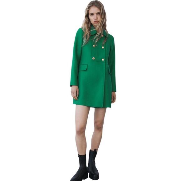 Zara Buttoned Tailored Coat XS Kelly Green Double Breasted Blogger Favorite - Picture 14 of 16